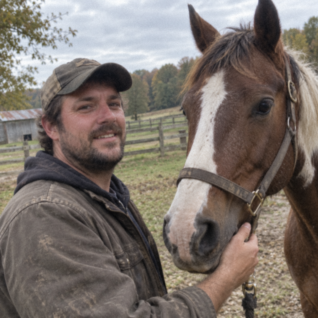 James standing with his horse in a country yard